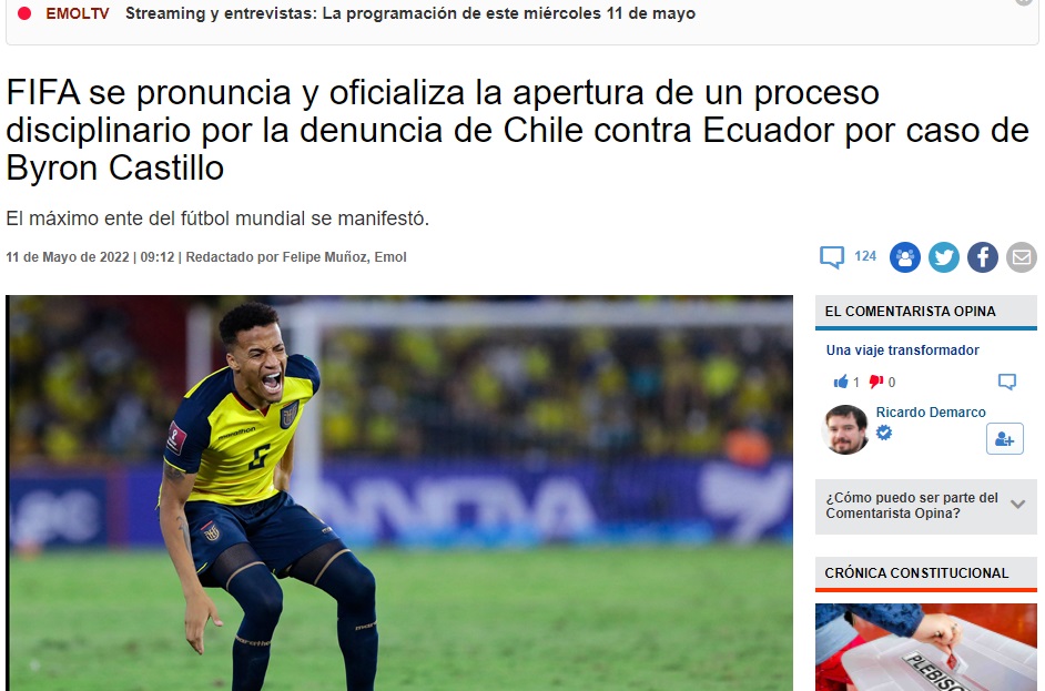 FIFA từng đưa ra quyết định Castillo là người của Ecuador vào hồi tháng 6