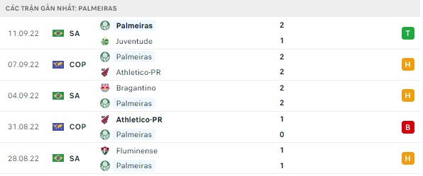 Phong độ gần đây của Palmeiras - lịch thi đấu socolive 