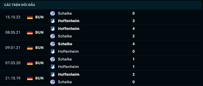 Thống kê đối đầu gần đây của Hoffenheim vs Schalke 04 - Link Xem Trực Tiếp socolive 