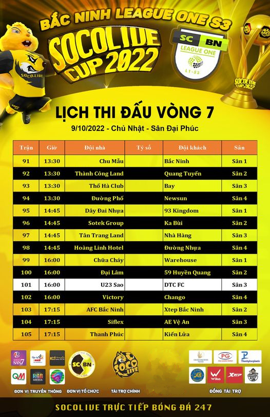 Lịch Thi Đấu Vòng 7 Giải Bóng đá phong trào Bắc Ninh League One S3 Socolive Cup 2022