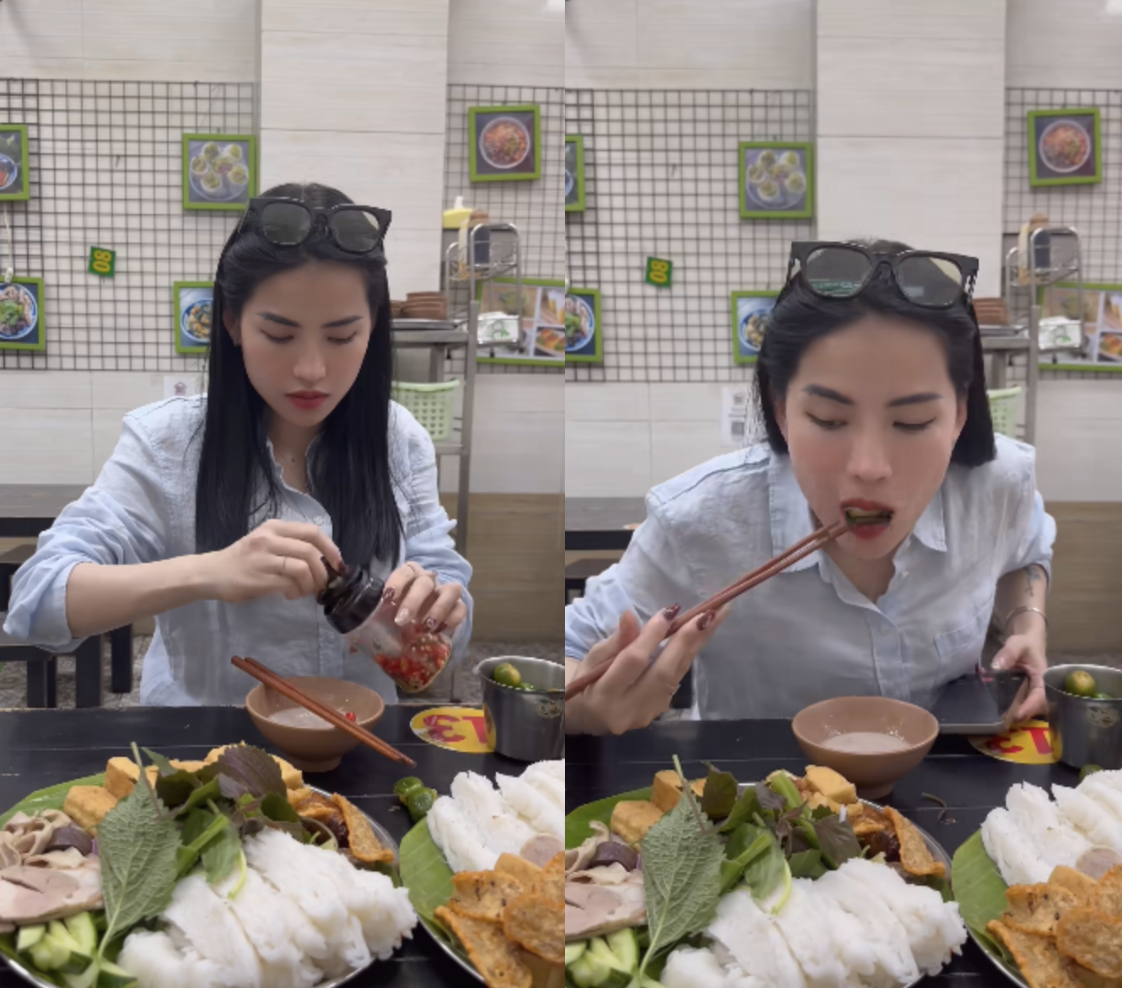 Võ Hà Linh trải nghiệm món bún đậu mắm tôm của Trang Khàn