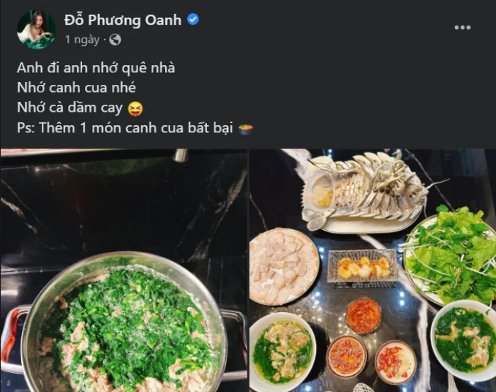 Nữ diễn viên Phương Oanh đăng tải "mâm cơm gia đình do mình nấu