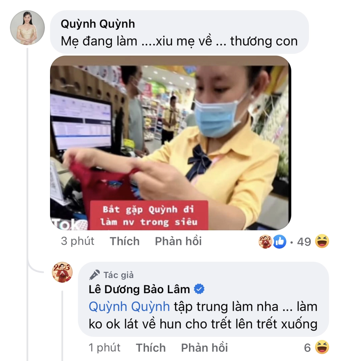 Hai vợ chồng đã lấy chính hình ảnh được cho là Quỳnh Quỳnh đi làm nhân viên trong siêu thị để bình luận đùa giỡn với nhau